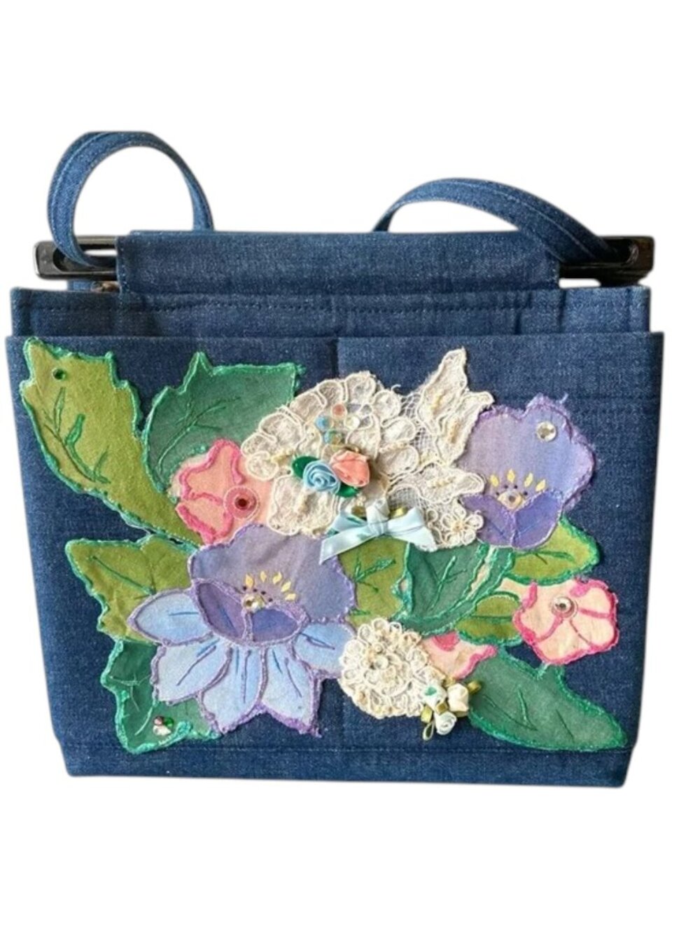 Toby Weston Vintage 90s Grandmacore Denim Square Patch Floral Tote Bag Pockets